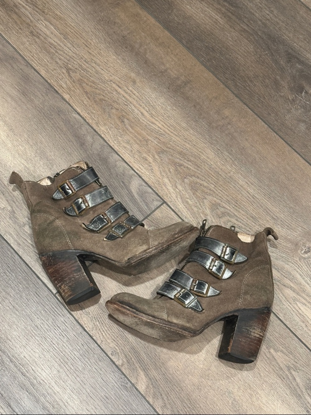 freebird Brown Suede Buckle Strap Heeled Ankle Boots